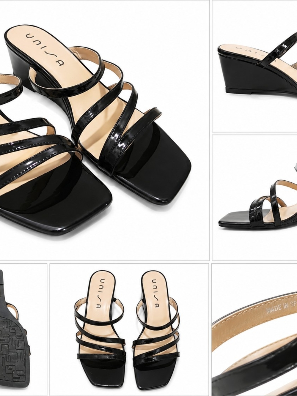 Unisa Black Patent Multi-Strap Wedge Sandals